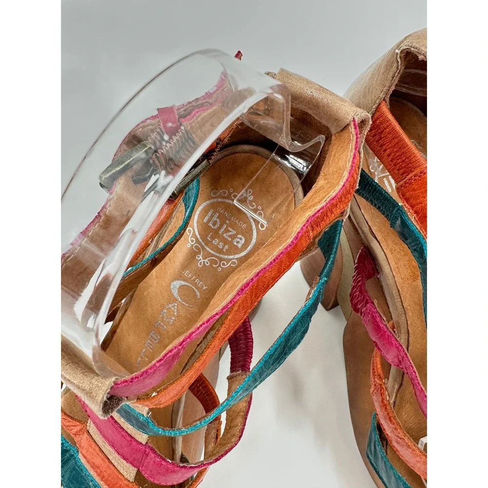 Jeffrey Campbell Ibiza Last Multi Color Leather Strappy Wood Platform Sandal 7.5